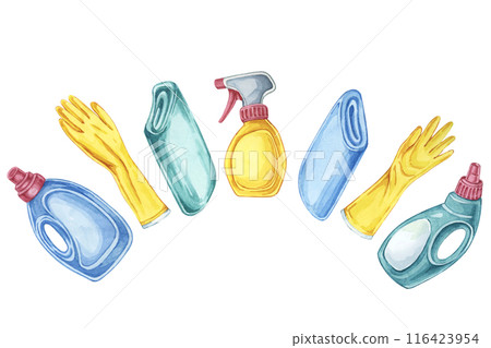 An assortment of cleaning tools including spray bottles, gloves, and cloths arranged in a row. Perfect for illustrating cleaning tips articles, DIY cleaning projects, and housekeeping service flyers 116423954