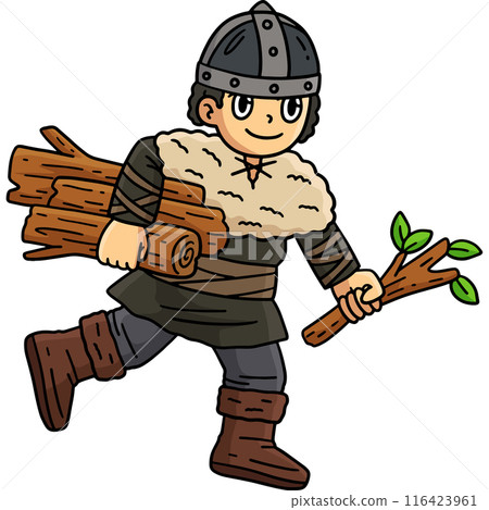 Viking Child Gathering Log Cartoon Colored Clipart 116423961