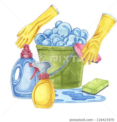 Bucket, rubber gloves, cleaning solution or detergent bottle. Watercolor illustration of household cleaning utensils. Clipart for home maintenance, housekeeping, janitorial or maid service, flyer Bucket, rubber gloves, cleaning solution or detergent bottle. Watercolor illustration of household cleaning utensils. Clipart for home maintenance, housekeeping, janitorial or maid service, flyer 116423970