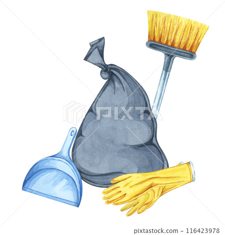 Black trash bag, dustpan, broom and hands in yellow rubber gloves. Watercolor illustration of household cleaning utensils. Clipart for garbage collection, housekeeping, janitorial service, flyers Black trash bag, dustpan, broom and hands in yellow rubber gloves. Watercolor illustration of household cleaning utensils. Clipart for garbage collection, housekeeping, janitorial service, flyers 116423978