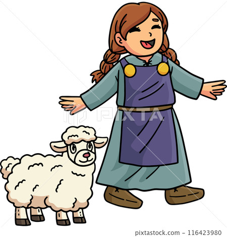 Happy Viking Girl with a Sheep Cartoon Clipart Happy Viking Girl with a Sheep Cartoon Clipart 116423980