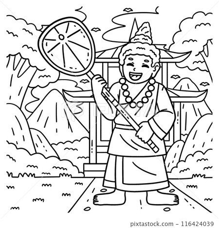 Buddhism Buddha with Talipot Fan Coloring Page  116424039