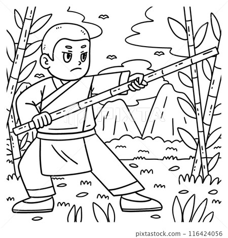 Buddhism Shaolin Monk with Bamboo Stick Coloring Buddhism Shaolin Monk with Bamboo Stick Coloring 116424056