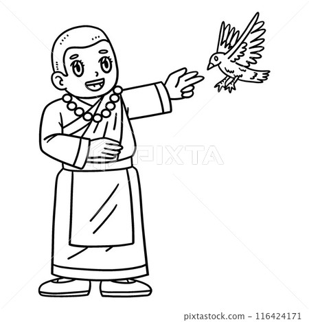 Buddhism Female Monk with Bird Isolated Coloring  116424171