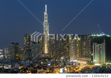 View Of Ho Chi Minh City Skyline And Metro Railway Bridge In Central Binh Thanh District At Night, 116424212