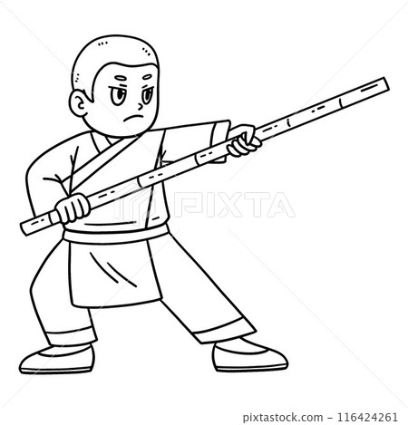 Buddhism Shaolin Monk with Bamboo Stick Isolated Buddhism Shaolin Monk with Bamboo Stick Isolated 116424261