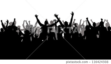 Concert Crowd, silhouettes of people with hands raised in a crowd, possibly at a concert or gathering	 116424308