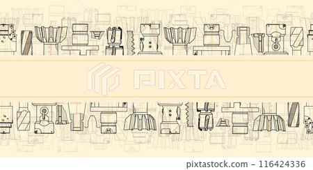 Mechanical engineering drawings on sepia background. Tap tools, borer. Technical Design. Cover. Blueprint. Seamless pattern. Vector illustration. 116424336