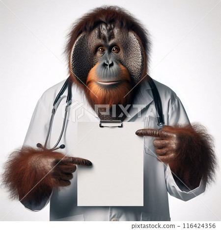 An orangutan in a job specific clothing Holding up an empty sign isolated on a clear white background An orangutan in a job specific clothing Holding up an empty sign isolated on a clear white background 116424356