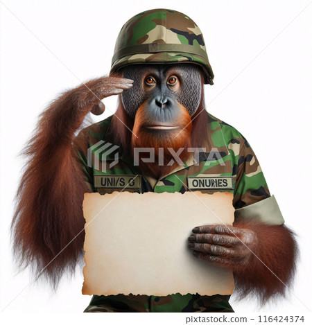 An orangutan in a job specific clothing Holding up an empty sign isolated on a clear white background  116424374