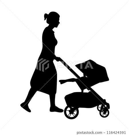 Woman walking with babies in stroller silhouette, silhouette of woman with a stroller Woman walking with babies in stroller silhouette, silhouette of woman with a stroller 116424391