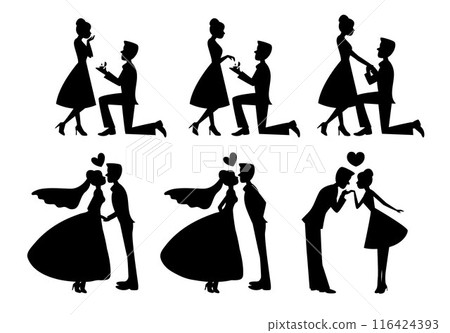 Gentle man make a proposal, man proposing woman with ring, wedding couple, romantic couple silhouette in various poses Gentle man make a proposal, man proposing woman with ring, wedding couple, romantic couple silhouette in various poses 116424393