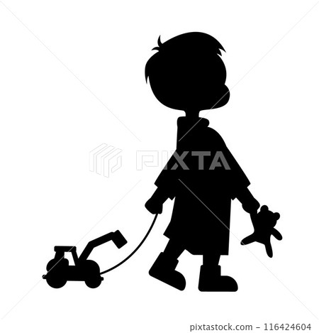 Kid is playing with toy, cute boy is playing with toy at home silhouette Kid is playing with toy, cute boy is playing with toy at home silhouette 116424604