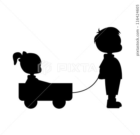 Kid is playing with his little sister, cute boy and girl is playing together silhouette Kid is playing with his little sister, cute boy and girl is playing together silhouette 116424605