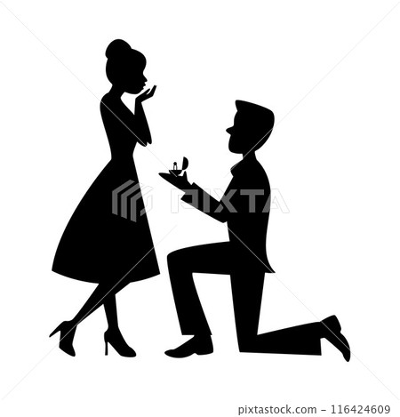 Gentle man make a proposal, man proposing woman with ring, romantic couple silhouette in various poses 116424609