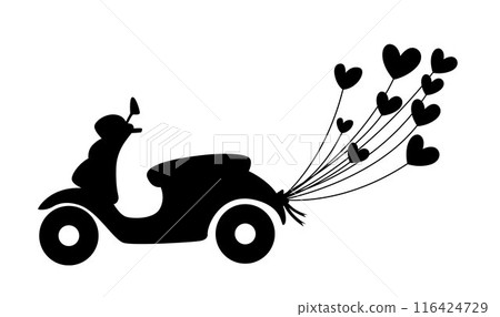 Wedding couple riding motorbike, Just married couple bride and groom riding on a vintage motorbike silhouette 116424729