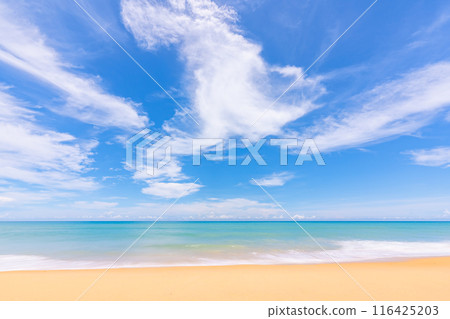 Beach in summer season at Phuket Thailand. Concept Travel and tour background,Empty beach copy space with waves crashing on sand Beach in summer season at Phuket Thailand. Concept Travel and tour background,Empty beach copy space with waves crashing on sand 116425203