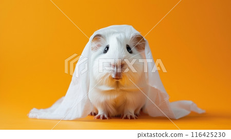 A white guinea pig is dressed as a ghost for Halloween, sitting on an orange background A white guinea pig is dressed as a ghost for Halloween, sitting on an orange background 116425230