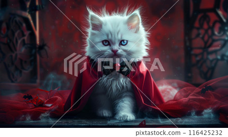 A white kitten wearing a red cape and bowtie sits on a dark surface A white kitten wearing a red cape and bowtie sits on a dark surface 116425232