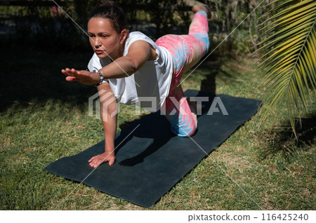 Woman practicing yoga on mat in park, performing bird-dog pose under the sunlight Woman practicing yoga on mat in park, performing bird-dog pose under the sunlight 116425240