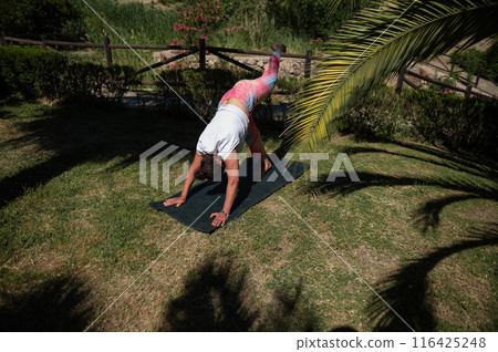 Woman practicing yoga outdoors in nature, performing downward dog pose on a sunny day Woman practicing yoga outdoors in nature, performing downward dog pose on a sunny day 116425248