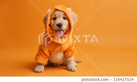 Adorable golden retriever puppy in orange hoodie sitting on matching background Adorable golden retriever puppy in orange hoodie sitting on matching background 116425524