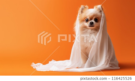 A small, fluffy Pomeranian dog sits against an orange background 116425526