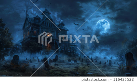 A spooky haunted house stands on a hill, illuminated by a full moon and surrounded by a graveyard.  116425528
