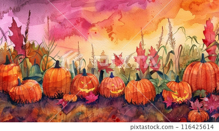 Group of pumpkins with carved faces, set against a vibrant sunset backdrop 116425614