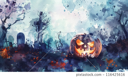 A watercolor painting depicts a jack o lantern in a spooky graveyard, with trees and tombstones 116425616