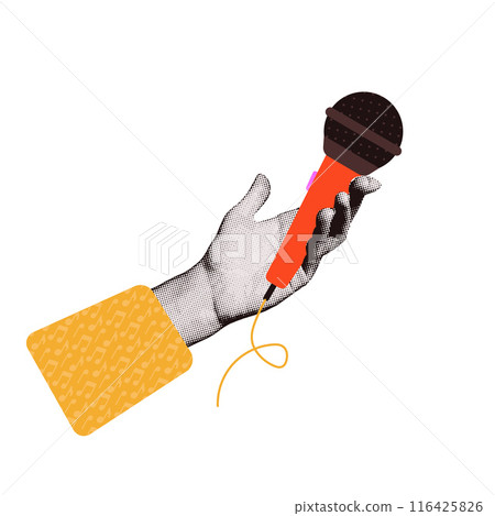 Female hand holding a microphone. Collage halftone paper element in mixed media style. Vector illustration. 116425826