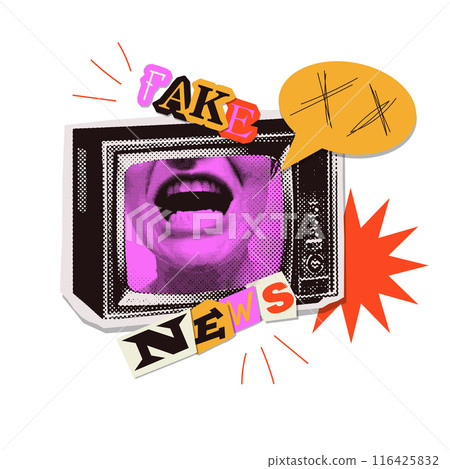 Fake news Trendy Retro collage with screaming face in TV with halftone effect and speech bubble, cutout paper text. Vector Elements for banners, posters, social networks. Fake news Trendy Retro collage with screaming face in TV with halftone effect and speech bubble, cutout paper text. Vector Elements for banners, posters, social networks. 116425832