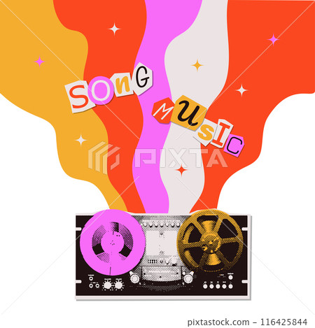 Halftone collate of reel-to-reel audio tape recorder with groovy wavy rainbow and cutout words. Retro pop art dotted texture effect music torn out paper sticker for mixed media design. Vector 116425844