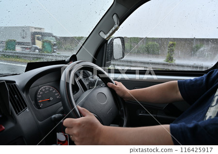 Sudden downpour: Heavy rain so heavy you can't see ahead, drivers desperately gripping the wheel, highway 116425917