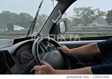 Sudden downpour: Heavy rain so heavy you can't see ahead, drivers desperately gripping the wheel, highway Sudden downpour: Heavy rain so heavy you can't see ahead, drivers desperately gripping the wheel, highway 116425920