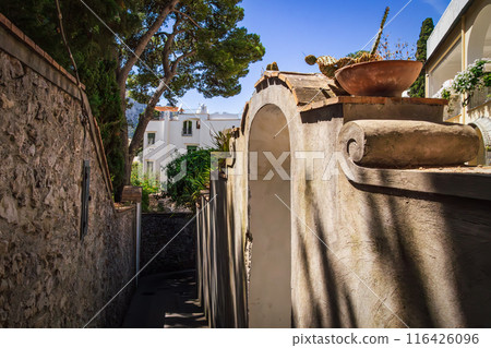 Narrow traditional alley around houses surrounded by stone walls in the capital town of Capri Island, Italy. 116426096