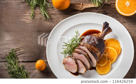 Succulent roasted duck breast, perfectly cooked, and paired with a tangy, sweet orange sauce. A gourmet delight blending rich flavors for an unforgettable dining experience. AI Generated 116426259