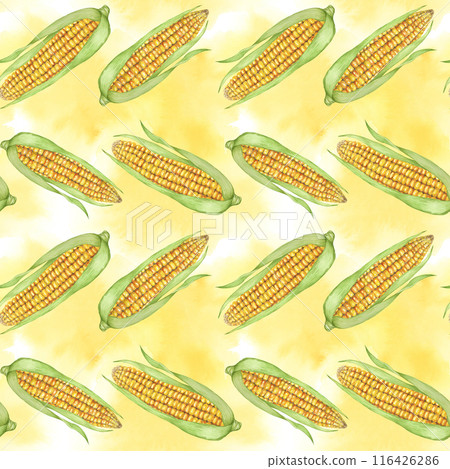 Yellow corn seamless pattern, textile, with golden cobs on abstract spill background. Watercolor sweetcorn print design for clothes, wallpaper, wrapping, scrapbooking, food packaging, Thanksgiving 116426286