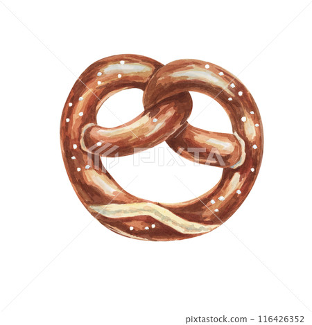 Pretzel watercolor illustration. Salt sprinkled traditional German snack, beer festival symbol clipart. Typical Salty baked treat clipart for menu, flyers, sticker, advertisement, artisan bakery 116426352