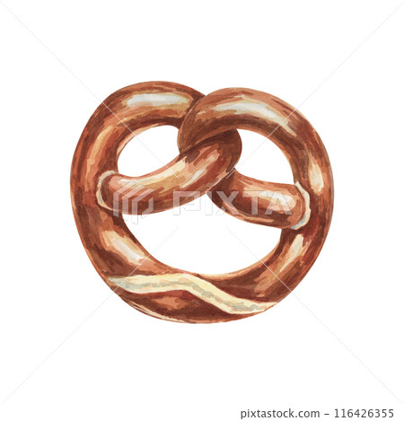Pretzel watercolor illustration. Brown soft traditional German breakfast snack, Oktoberfest symbol clipart. Typical baked appetizer for menu, flyers, sticker, advertisement, artisan bakery 116426355