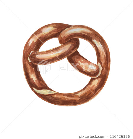 Pretzel watercolor illustration. Brown soft traditional German breakfast snack, Oktoberfest symbol clipart. Typical baked appetizer for menu, flyers, sticker, advertisement, artisan bakery Pretzel watercolor illustration. Brown soft traditional German breakfast snack, Oktoberfest symbol clipart. Typical baked appetizer for menu, flyers, sticker, advertisement, artisan bakery 116426356