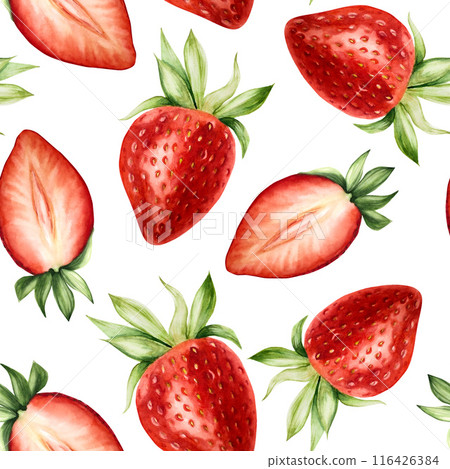 Seamless pattern with ripe sweet strawberry. Hand painting template with red macro botanical watercolor illustration isolated on background. For designers, menu, shop, decoration, restaurant, for Seamless pattern with ripe sweet strawberry. Hand painting template with red macro botanical watercolor illustration isolated on background. For designers, menu, shop, decoration, restaurant, for 116426384