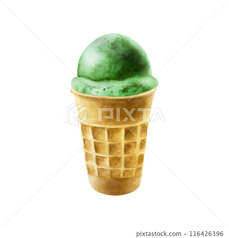 Scoop of pistachio, mint, apple ice cream in crispy waffle cone. Hand painting sweet watercolor illustration isolated on background. For designers, menu, shop, decoration, restaurant, for postcards, 116426396