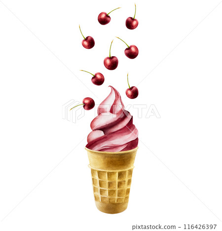 Cherry soft ice cream with flying berries in crispy waffle cone. Hand painting sweet watercolor illustration isolated on background. For designers, menu, shop, decoration, restaurant, for postcards, 116426397