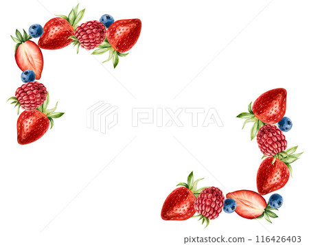 Frame, logo with strawberry, raspberry, cherry and blueberry. Hand painting sweet watercolor illustration isolated on background. For designers, menu, shop, decoration, restaurant, for postcards, 116426403