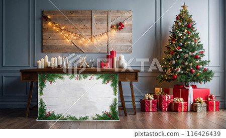 A festive living room with a Christmas tree, presents, and a table set with candles and holiday decorations, exuding warmth and cheer. A festive living room with a Christmas tree, presents, and a table set with candles and holiday decorations, exuding warmth and cheer. 116426439
