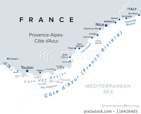 French Riviera coasts, political map. Mediterranean coastline of the southeast corner of France, also Cote dAzur or Azure Coast, considered to extend from Toulon in the west to Menton in the east. 116426485