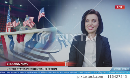 Female news anchor in studio reports news about US Election 116427243