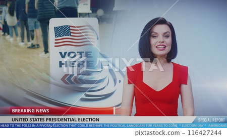 Playback of TV news broadcast with female newscaster about Election Day 116427244