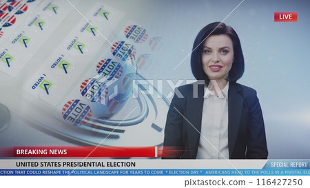 Female news anchor in studio reports news about US Election 116427250
